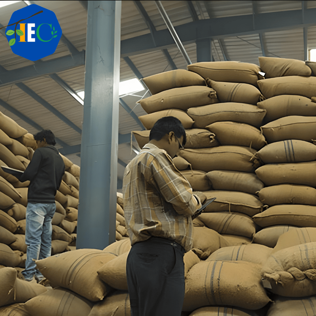 This image features an employee of an Indian exporting company carefully testing one of their high-quality agricultural products. The employee is holding a piece of fruit or vegetable and examining it closely for quality and ripeness, with an assortment of other products in the background, including cereals, pulses, dry fruits, sugar cane products, and more. The image showcases the company's expertise and commitment to quality as a leading Indian exporter of agricultural products. The employee's attention to detail and careful inspection highlights the company's dedication to providing only the best products to their customers. Overall, the image effectively conveys the company's message and brand identity as a trusted Indian exporter of premium agricultural products.