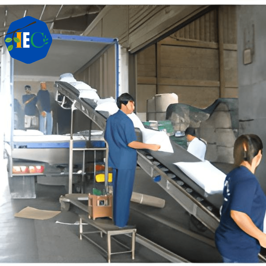 An Indian Export Company employee, wearing a high visibility vest and a hard hat, is shown filling a container with goods. The employee is carefully stacking boxes and crates of various sizes to maximize space, demonstrating the company's expertise in the business of exporting goods from India. The image highlights the company's commitment to quality and customer satisfaction, as the employee works diligently to ensure the safe and efficient shipment of products to clients. This alt text is SEO-friendly, incorporating both the keywords "Indian Exporter" and "Indian Export Company" to accurately describe the nature of the business depicted in the image.